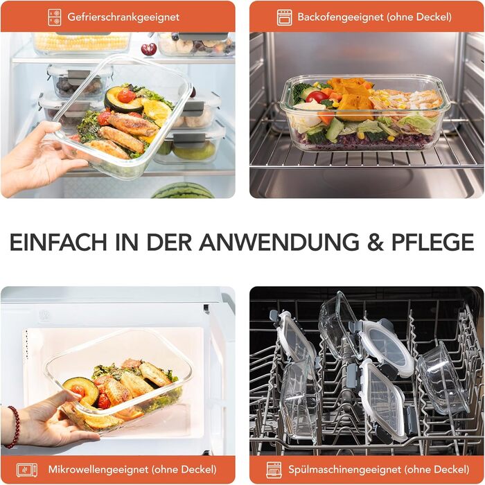 Скляні контейнери для зберігання їжі з кришками набір Frischhaltedosen: Meal Prep, мікрохвильова піч, морозилка, посудомийка, сірі