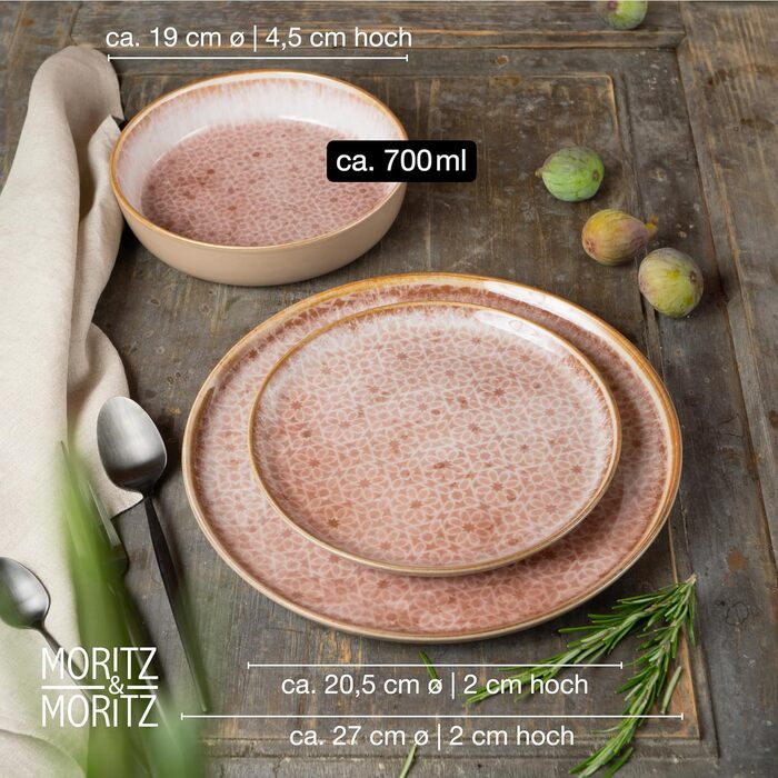 Moritz & Moritz TERRA 36-Piece Dinnerware Set for 12 People - Plate Set in delicate Terracotta made from high-quality porcelain - Dinnerware set for 12 people, consisting of 12 dinner plates, dessert plates, and bowls each. Terracotta 36-piece dinnerware set.