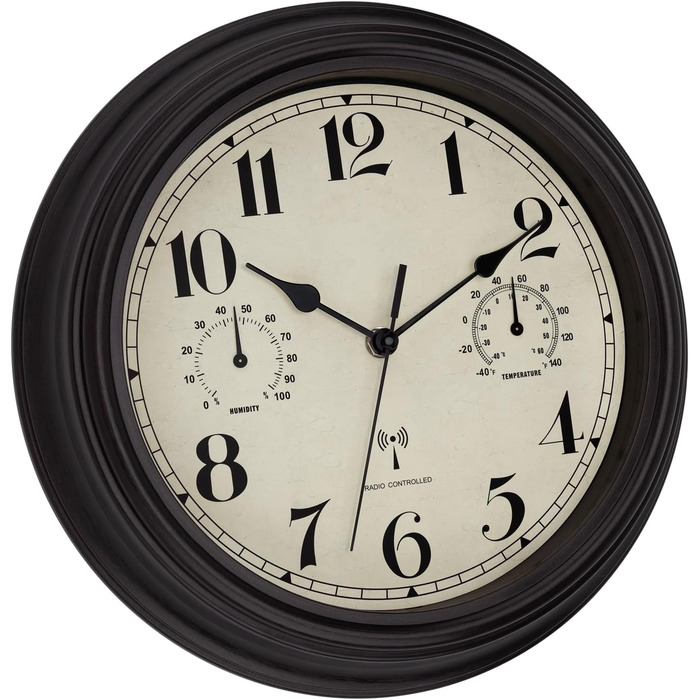 Foxtop Funk Wall Clock, Indoor Outdoor Weatherproof Wall Clock with Temperature Display and Hygrometer, No Ticking Sounds Silent Retro Clock for Terrace Bathroom Kitchen Living Room Home Decor (Bronze, 30cm)