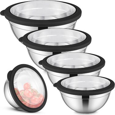 Набір мисок Herogo (5 шт.) з нержавіючої сталі з прозорою кришкою, 4,5L/2,7L/1,5L/1,2L/0,7L, для випічки та сервірування, складаються, придатні для миття в посудомийній машині (чорний)