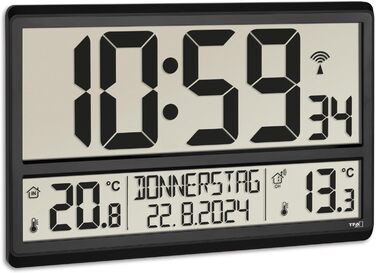 TFA Dostmann Digital XL Wall Clock, 60.4521.01, with outdoor temperature, indoor temperature, weekday (8 languages), radio clock, date, black, (L) 360 x (W) 235 x (H) 28 (84) mm