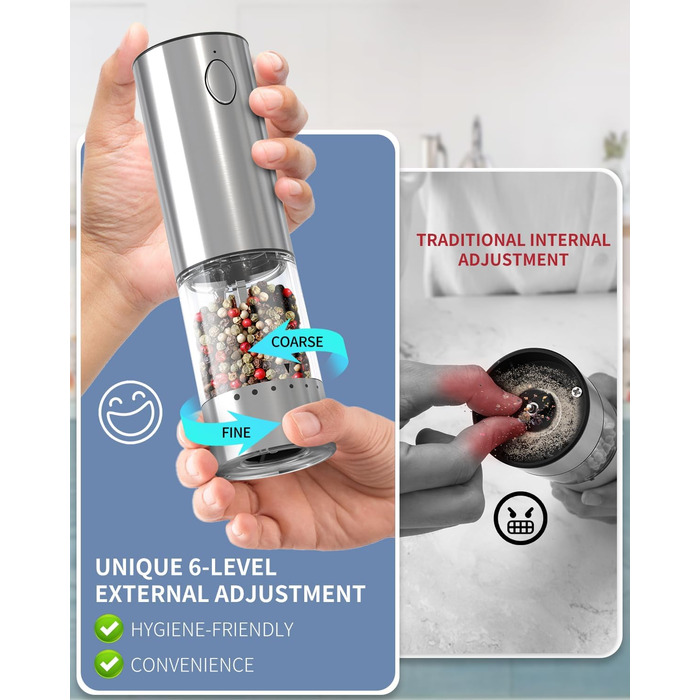 Електричні соляні та перечні млини CIRCLE JOY з нержавіючої сталі з підставкою, 95 мл, біле LED-підсвічування, регульована ступінь помелу, срібний колір