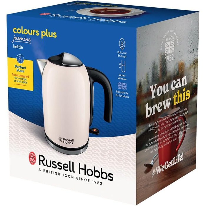 Електричний чайник Russell Hobbs Colours Plus Mocha з нержавіючими акцентами, 1.7л, 2400W, з індикатором рівня води, фільтром від накипу та функцією швидкого кип'ятіння