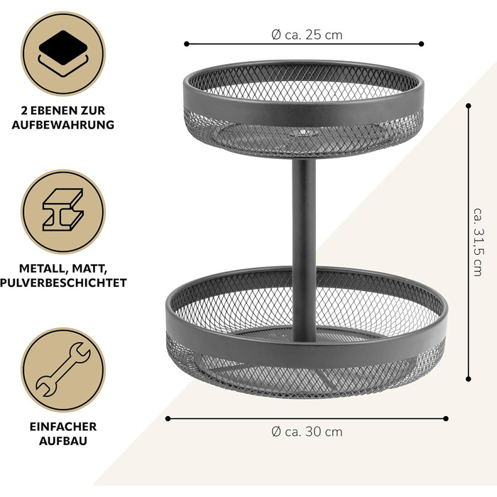Двоярусна кругла підставка для фруктів та хліба Eluno, металева, сіра