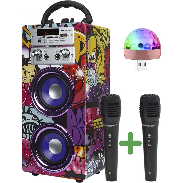 Караоке DYNASONIC з 2 мікрофонами, портативна караоке-машина, Bluetooth-колонки, USB та SD-картрідер, світлові ефекти, подарунок для дітей 5-13 років (025-12 Licht)