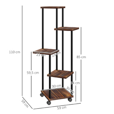 Outsunny 5-Tier Plant Stand with Wheels, Flower Stand for Indoor Outdoor, Steel and Wood Plant Shelf, Multi-Level Flower Shelf, 110cm High Flower Ladder for Living Room, Garden Balcony Decor, Charcoal | Aosom