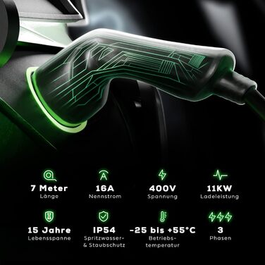 SPARK-E Wallbox зарядний кабель Type 2 11 кВт для електромобілів - 7 м, 16A3P, 11 кВт