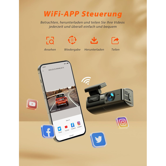 iZEEKER Dashcam 2.5K: Автомобільна камера з Wi-Fi, 1440P, 32GB, Нічне бачення, WDR, G-сенсор, Loop-запис, Паркувальний режим 24/7