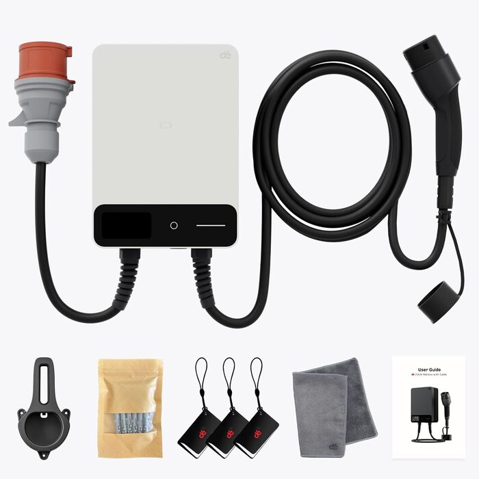 Wallbox 11 кВт з APP, кабель Type 2 7.5м з тримачем, 3-фазний зарядний пристрій для електромобілів (6-16A, 400V), BEV/PHEV, RCD Type A 30mA AC + 6mA DC, IP54, чорний. CEE 22кВт, 10м білий.