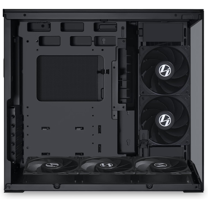 Корпус Lian Li O11 Dynamic Mini V2 Flow: компактний ATX Midi-Tower з двокамерним дизайном, скляною панеллю та модульною конструкцією. 5 вентиляторів встановлено. Чорний колір.