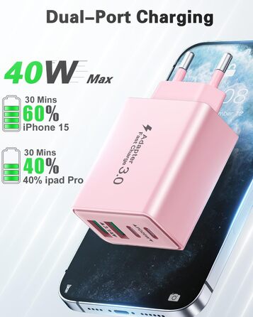 Мережевий адаптер USB-C 40W з 4 портами, рожевий. Швидка зарядка PD+QC для iPhone, iPad, Samsung та інших телефонів.