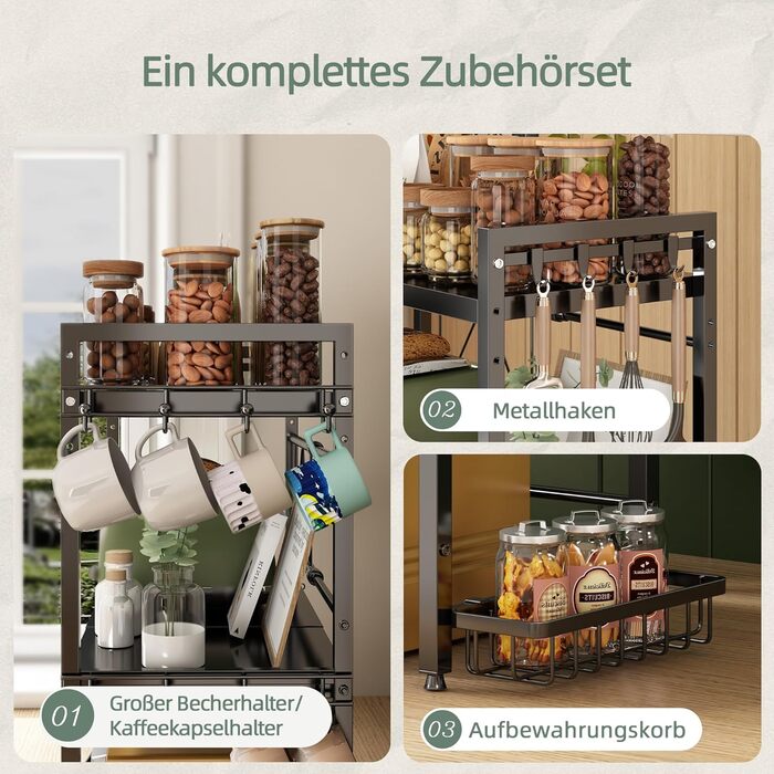 Регульована полиця для мікрохвильової печі NETEL 2-ярусна, чорна, висувна 40-60 см з тримачем для напоїв та кошиком