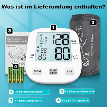 Цифровий тонометр на плече для дому, з регульованою манжетою та підсвічуванням дисплея (для людей похилого віку), білий