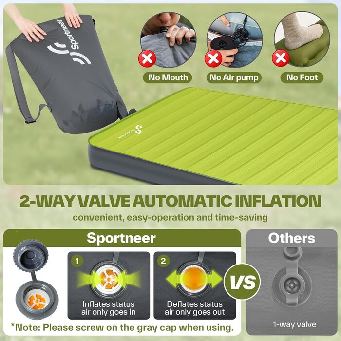 Sportneer Self-Inflating Camping Mat - 198x76cm Thick Sleeping Pad for Outdoor Adventures, Tent Use, Relaxing & Picnics