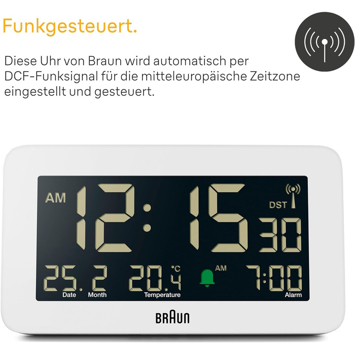 Braun Funk-Digitalwecker for the Central European Time Zone (DCF) with date, month, and temperature display, negative LCD display, and white alarm tone, Model BC10W-DCF.