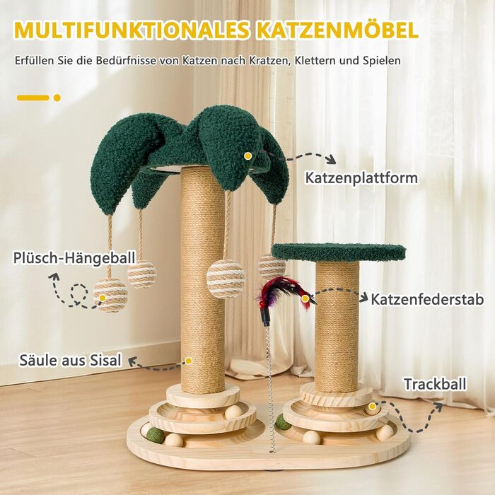 Інтерактивне котяче іграшкове комбо 6-в-1: дерев'яні меблі, кульки, пір'я, м'яч-трекер, когтеточка з сизалю та джуту для котів середніх та маленьких порід (білий, зелений)