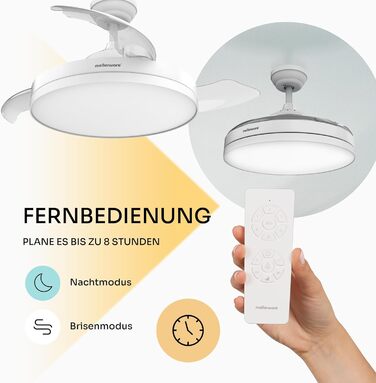 Стельовий вентилятор Mellerware з пультом Brizy, 132 см, DC мотор, 6 швидкостей, літньо-зимовий режим, таймер, білий вбудований
