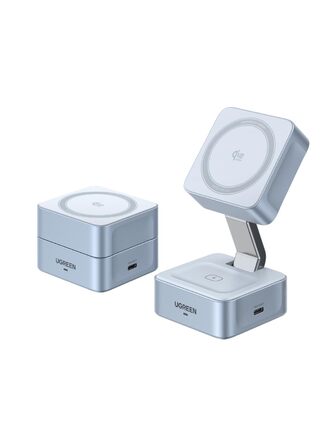 Зарядний пристрій UGREEN MagFlow 2-в-1 MagSafe 25W з підтримкою Qi2, нахильний 70°, для iPhone 16/17, AirPods та Pixel 10 Pro XL, з кабелем 1м
