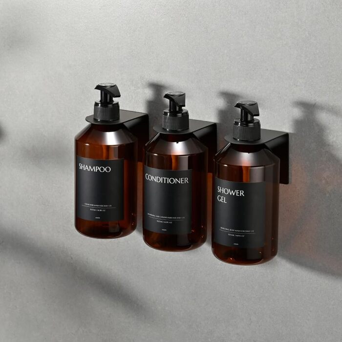 Набір з 3 сеппенсерів для кріплення на стіну, 500 мл, дозатори шампуню та гелю для душу, чорний колір, без свердління, для кухні та ванної кімнати (коричнева пляшка + чорна головка)