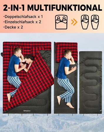 KingCamp 2-Person Sleeping Bag - Winter Warm Outdoor Sleeping Bag for Camping & Travel - 3-4 Season, Lightweight, with Flannel Pillows