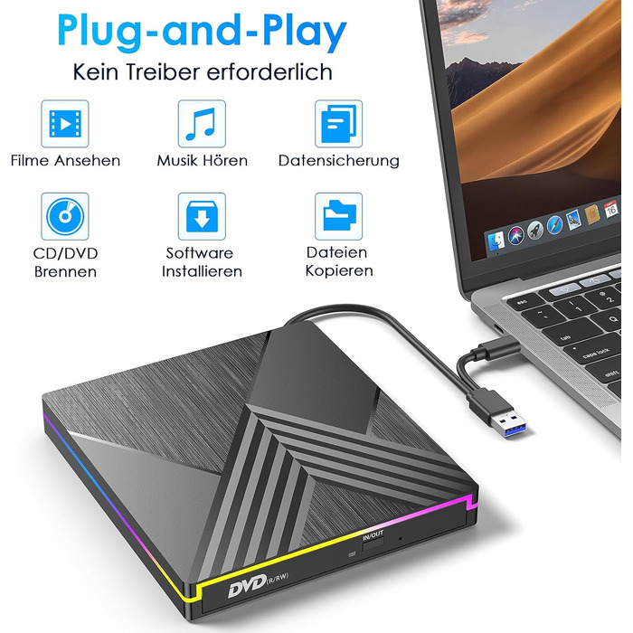 Зовнішній DVD-привід з RGB-підсвіткою, USB 3.0 та Type-C, CD/DVD+/-RW записувач та плеєр для PC, Laptop, MacBook (Windows, macOS, Linux)