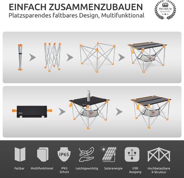 Сонячний складаний стіл з сонячною панеллю 33W та USB-зарядом для телефону | Легкий туристичний стіл для кемпінгу та відпочинку на природі