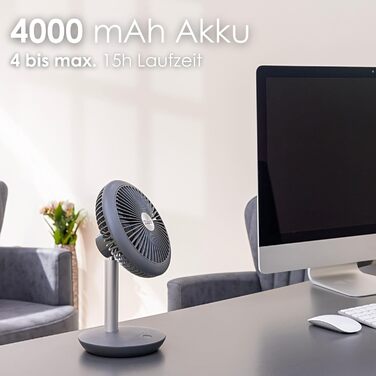 Безшумний настільний вентилятор Zilan | Акумулятор 4000 mAh | Регульований кут 90° | 4 швидкості | 15 годин роботи без дроту | Allegra Anthrazit