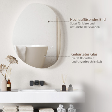 Дзеркало для ванної кімнати HOMCOM 70 x 50 см з асиметричною формою, LED-підсвіткою, сенсорним перемикачем та функцією запобігання запотіванню, срібного кольору