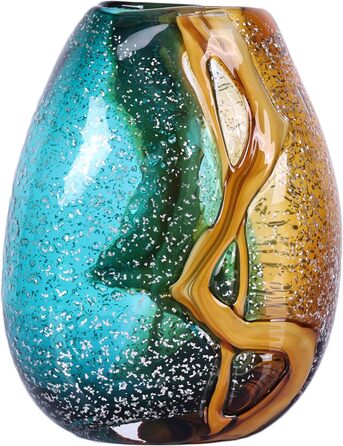 Hand Blown Blue-Green Glass Vase - Murano Style Table Decor for Flowers & Living Room