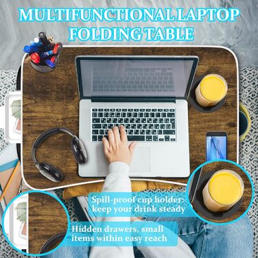 Столик для ноутбука Soontrans з ящиком, 60x40x28 см, з підстаканником та тримачем для планшета, складний, для ліжка та дивана