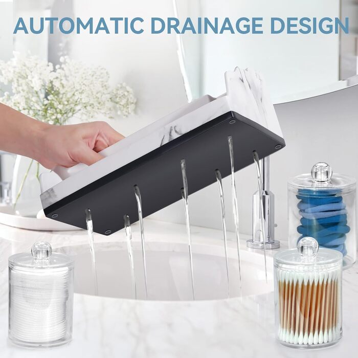 BHeadCat Marble Bathroom Organizer and Storage with 3 Qtip Holders and Drain, Toothbrush Holder for Bathroom, Countertop, Organizer, Cosmetic Organizer