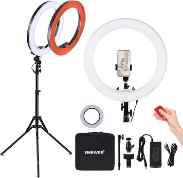 NEEWER Кольцеве світло 50 см (20 дюймів) LED з триподом та тримачем для телефону, 44 Вт, 3200K-5600K, з акумулятором, USB, для макіяжу, тату, вій, YouTube, TikTok, відеозйомки (RL-18)