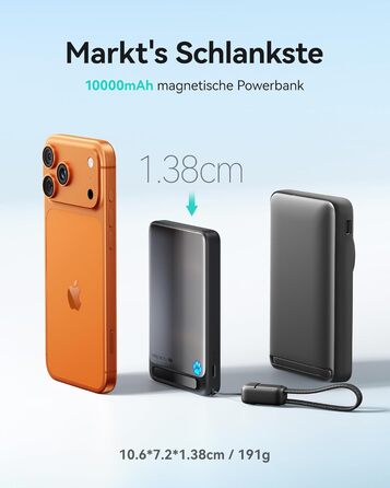 INIU Power Bank Magsafe 10000mAh 45W Qi2, чорний. З кабелем USB-C та підставкою, для iPhone 17/16/15/14/13