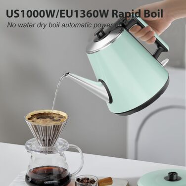 Електричний чайник 0.9л з нержавіючої сталі 304, 1360W, швидке кип'ятіння за 4-6 хвилин, класичний компактний дизайн, сенсорна кнопка, автоматичне відключення та захист від перегріву, для дому, офісу, для кави, зелений