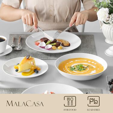 Набір посуду MALACASA Amelia 18 предметів для 6-12 осіб, сучасний порцеляновий сервіс: 6 обідніх, 6 десертних, 6 супових тарілок - білий