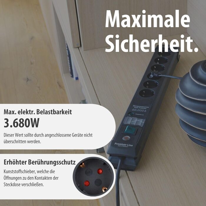 Бренненштуль Преміум-Лінія Мережевий фільтр 6 розеток з захистом від перенапруги до 60000A (з вимикачем та 3м кабелем, для кріплення на стіну, Made in Germany) чорний, розсіювач струму 60000 A
