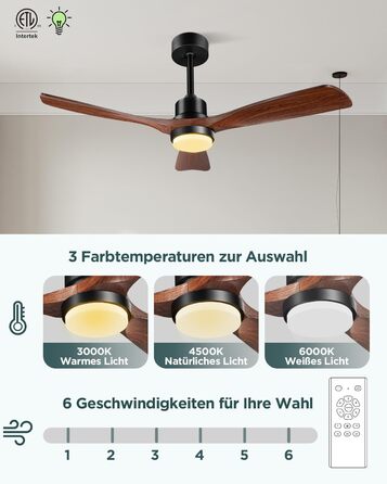 Стеляний вентилятор з підсвічуванням та пультом керування, тихий DC двигун, 132 см, 3 дерев'яних лопаті, таймер, 6 швидкостей, сертифікат ETL, режим літо/зима для спальні, коричневий