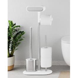QUALISH Stainless Steel Toilet Paper Holder with Brush - Standing Toilet Paper Roll Holder & WC Kit - White