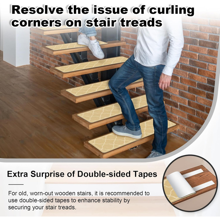 15 килимків на сходи 76x20 см, антиковзаючі, самоклеючі, для дітей, літніх людей та собак, машинне прання, з TPR-гумовою основою (Бежевий)