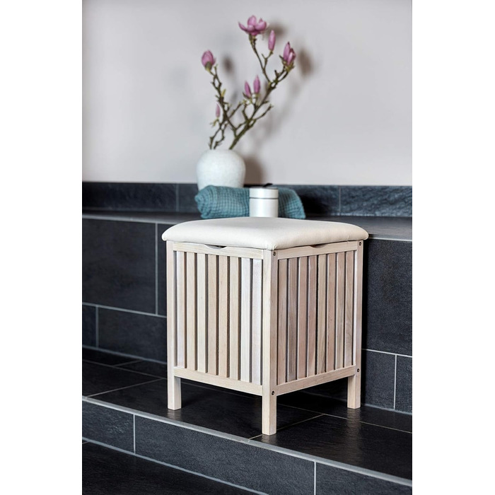 WENKO Badhocker Norway with Laundry Hamper, Storage Ottoman with Padded and Flip-Up Seat as Lid, Solid Walnut Wood, Oiled, Capacity 65 L, (W x H x D): 39 x 52 x 39 cm, Natural (White)