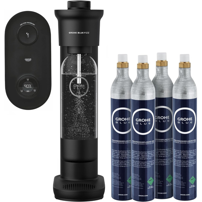 GROHE Blue Fizz Набір для газованої води, Starter Set (3 рівні газування, без CO2 балона, 1x 0,85л пляшка + засіб для чищення), 31943K00 (1x 0,85л пляшка | 4x CO2, з CO2 індикатором, Чорний)