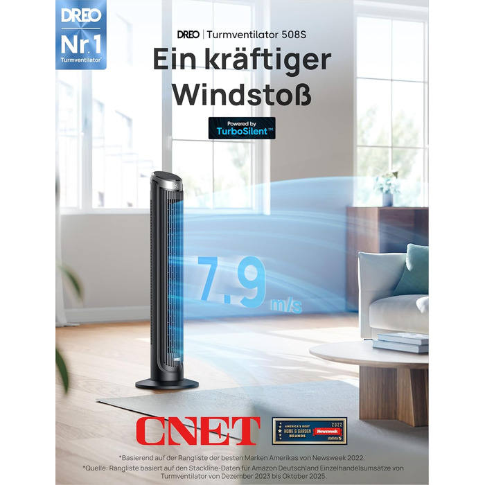 DREO Smart Tower Ventilator: Тихий вентилятор з Wi-Fi, дистанційним керуванням та керуванням голосом (Alexa), 90° осциляція, 5 швидкостей, 12-годинний таймер, сріблястий