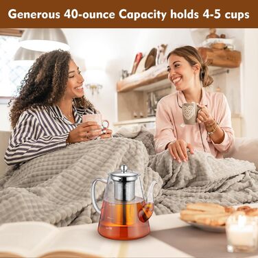 Скляний чайник із ситечком 1200 мл з боросилікатного скла з мірною шкалою для листового чаю та чайних квітів, подарунковий набір