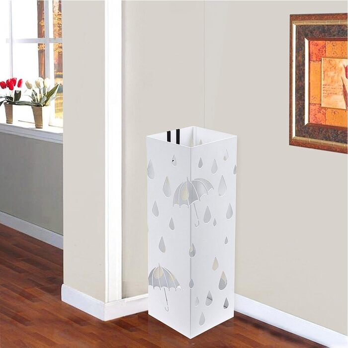 Bakaji Metal Umbrella Stand with Water Tray - White, Square Design, 49x15.5x15.5cm