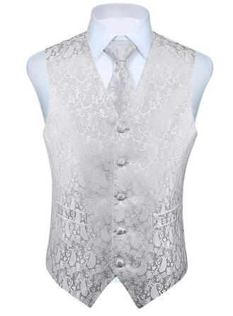 Костюм-трійка HISDERN: жилет, краватка, нагрудна хустинка з квітковим принтом, жаккард, білий. Ідеальний для весілля та урочистих подій.