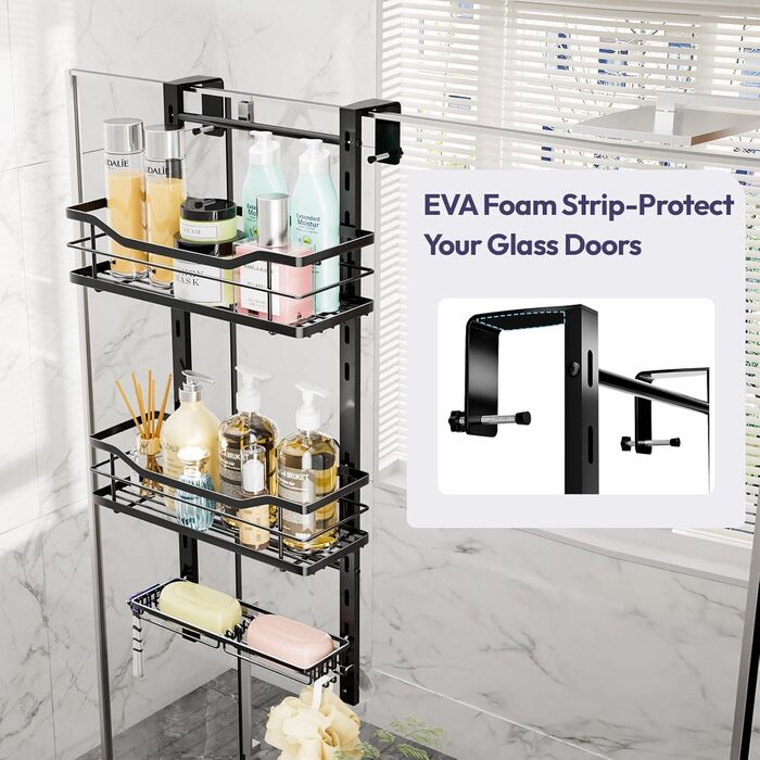 SWTYMIKI Adjustable Hanging Shower Shelf - No Drilling Shower Shelf for Glass Door, Stainless Steel Shower Shelf with Hooks and Soap Holder, Shampoo Holder for Shower, Black