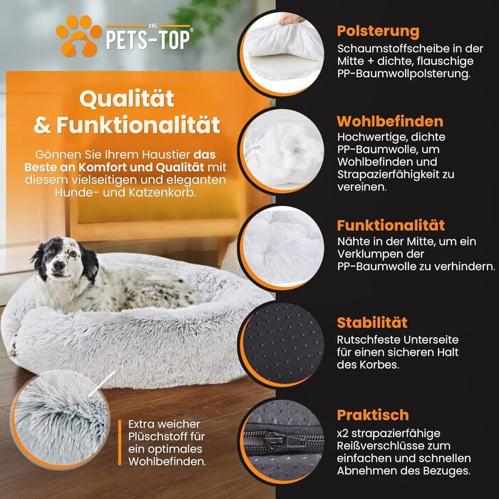 Dog Bed - Medium-Sized Dogs [with washable cover] - Dog Basket, Cat Bed, Sleeping Places & Furniture for Dogs, Long Dog Basket, Dog Bed, 80 cm Diameter, Pearl Grey
