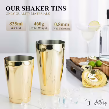 Boston Shaker Set - 10-Piece Stainless Steel Cocktail Shaker Set with Acrylic Base, Hawthorne Strainer, Ice Tongs, Bar Spoon, Jigger, Muddler - Perfect for the Home Bar (Gold)