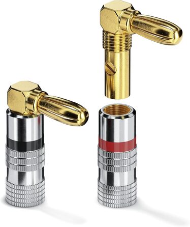 Бананові конектори Sonero® для акустичних кабелів до 6 мм², 4 шт. з кольоровим кодуванням (12x червоний, 12x чорний), 24K позолота (набір 4 шт., кут 90°, Single)