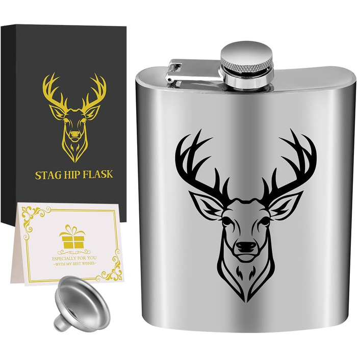 Фляга туристична 237мл з нержавіючої сталі, з воронкою та листівкою, чорна, з візерунком голови оленя, для кемпінгу, піших прогулянок та активного відпочинку